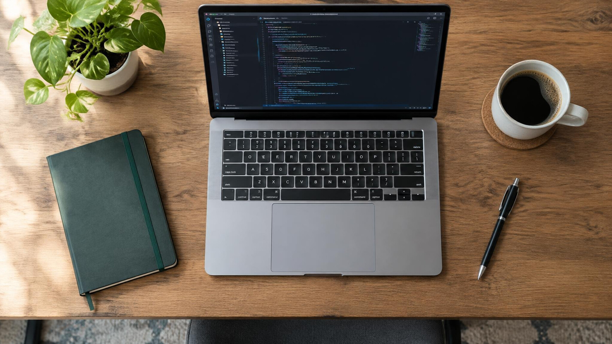 Overhead view of a desk with laptop, notebook and coffee