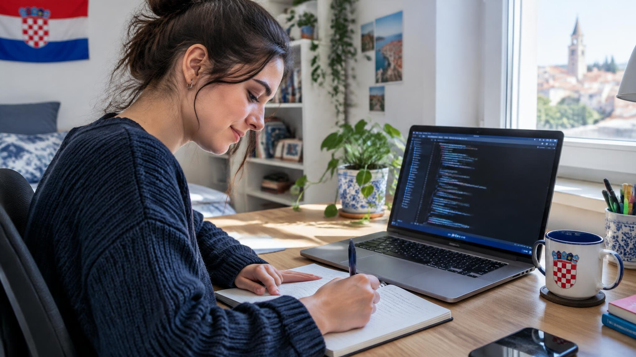 Woman writing notes next to a laptop with code