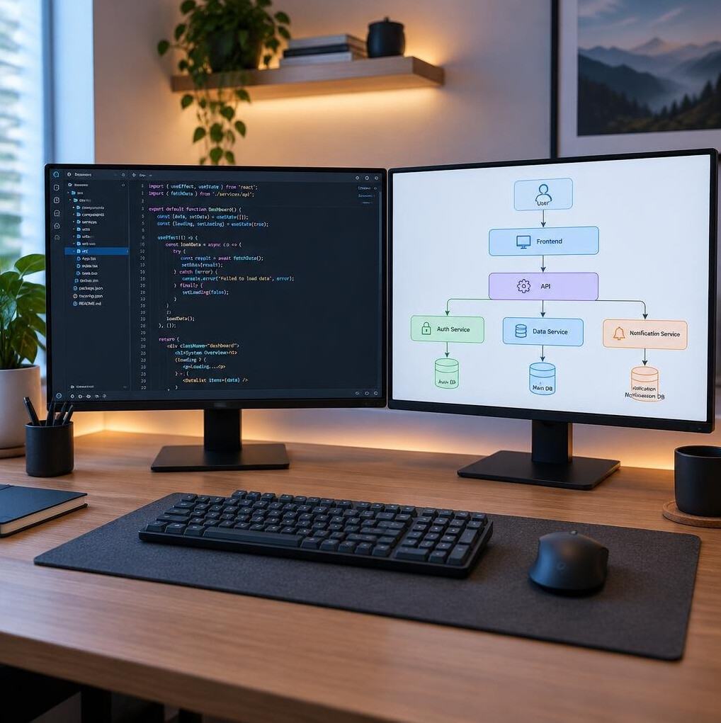 Dual monitor desk setup displaying code and a diagram