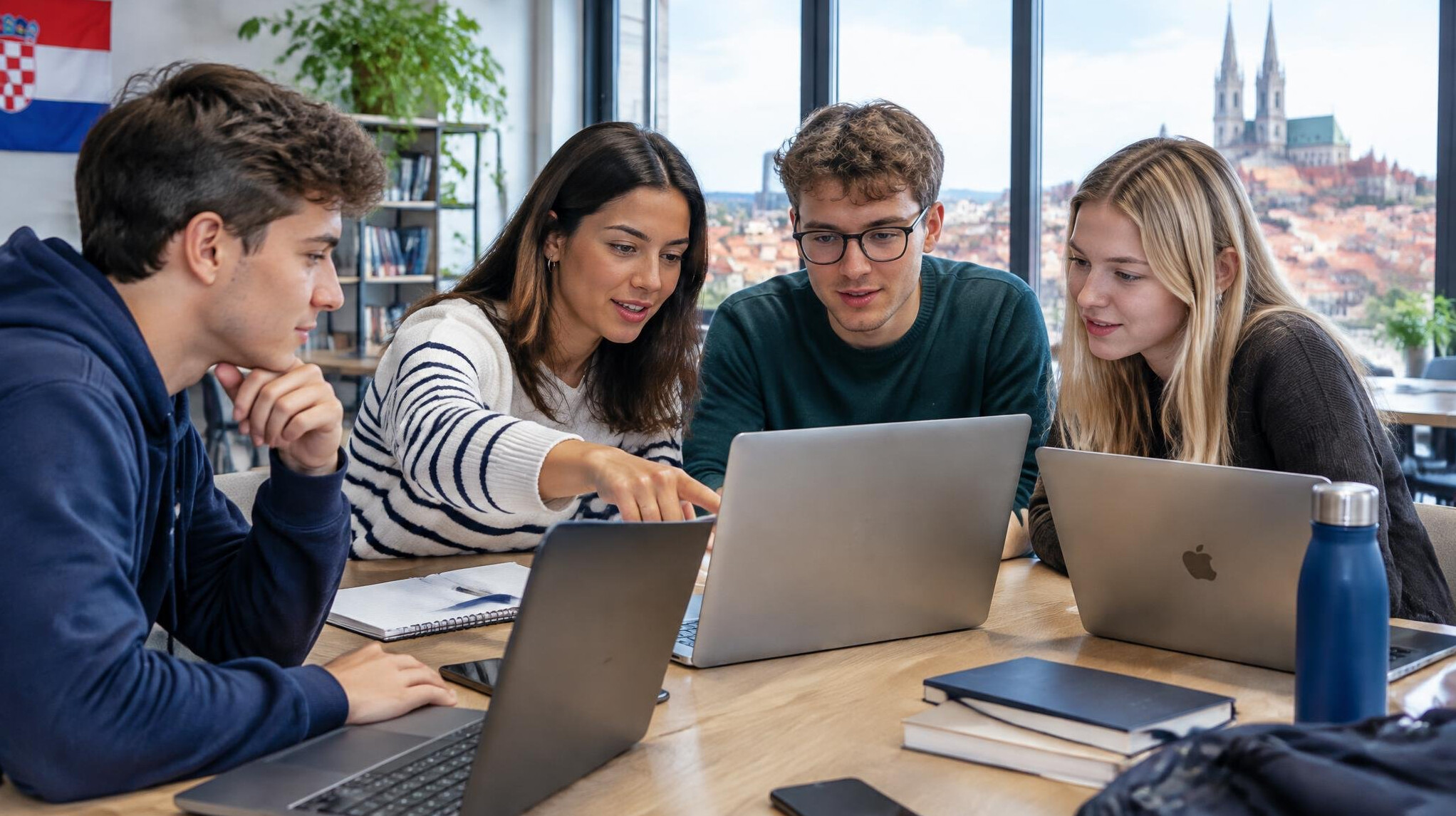 Group of people studying together around laptops