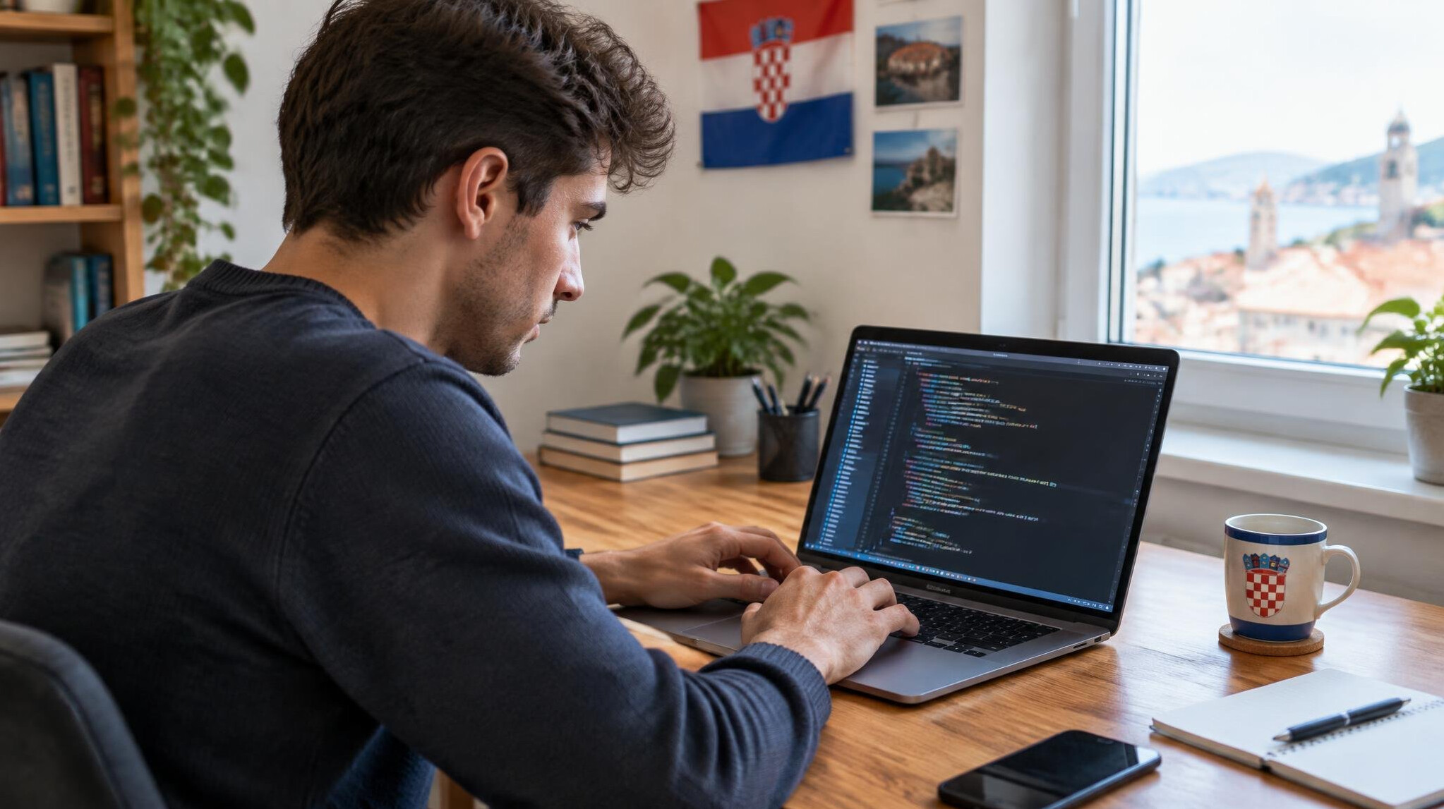 Young man studying programming code on a laptop at a desk